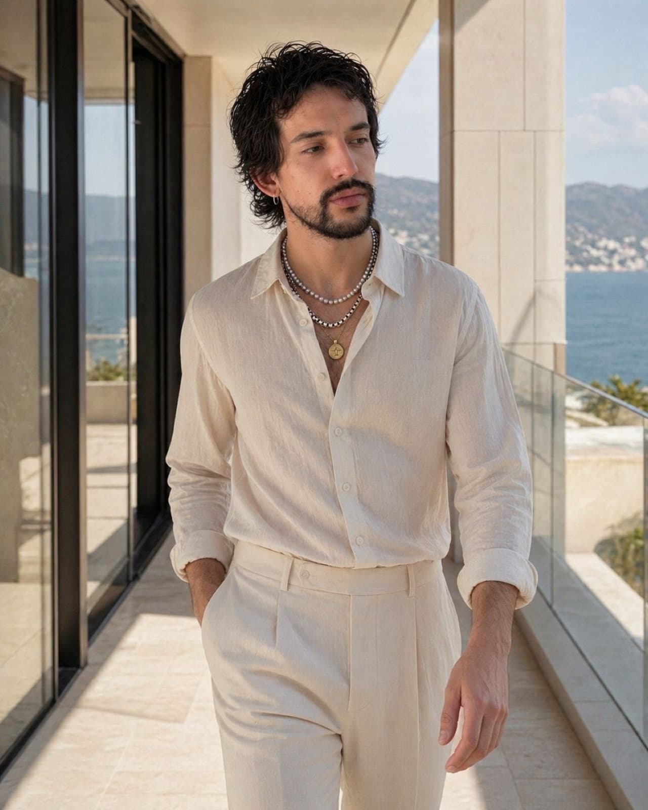 Alejandro del Palacio in cream linen on a Mediterranean balcony at golden hour.