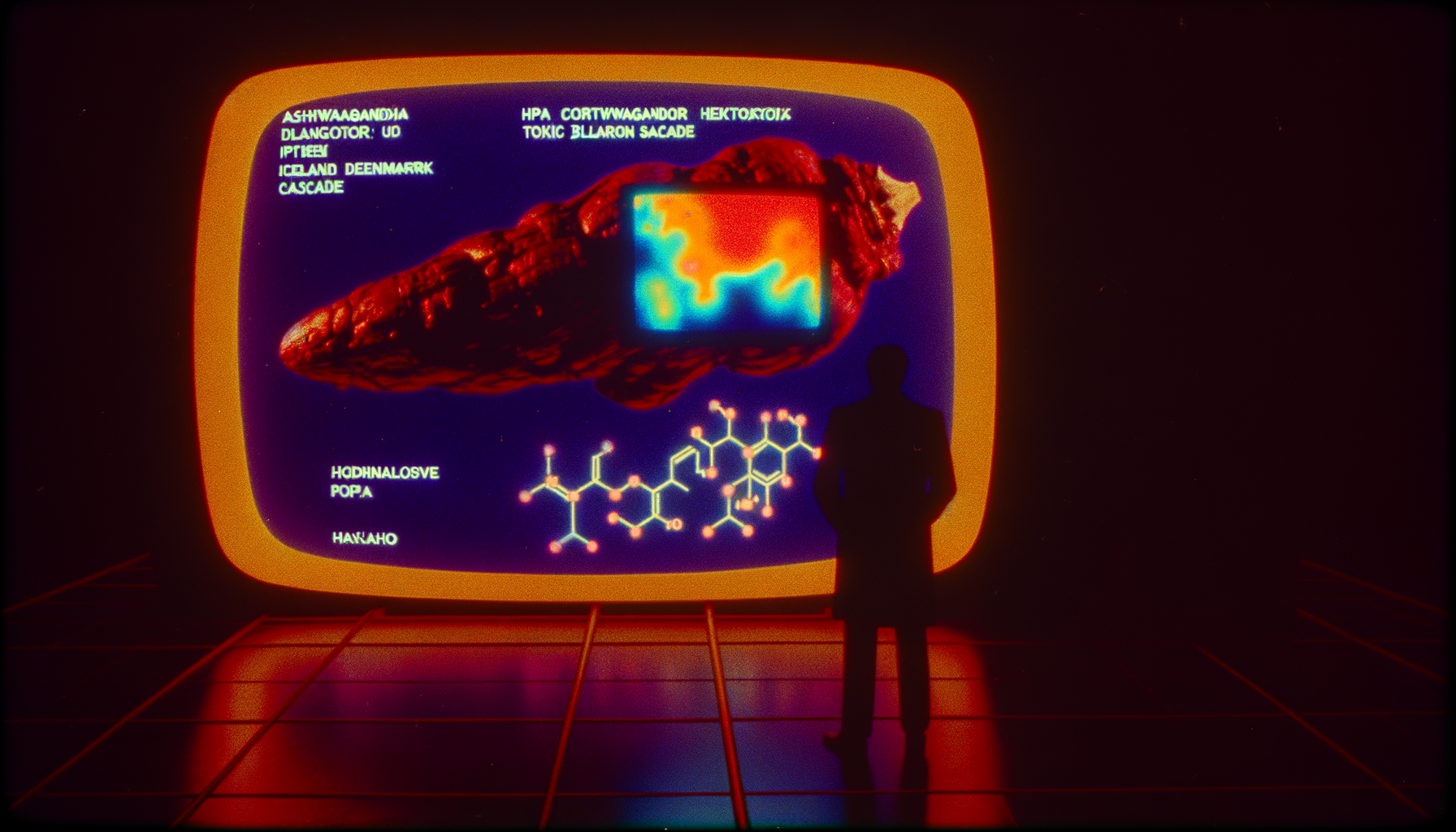 Dark 1980s observation chamber, lone figure facing a vintage curved CRT portal showing a high-contrast multicolor scene of a glowing ashwagandha root cross-sectioned to reveal molecular structure, surrounded by hormone-axis diagrams (cortisol-thyroid-adrenal) glowing sanguine and electric blue, with toxic-amber hepatotoxicity warning glyphs floating — the adaptogen-vs-warning reality breaking through