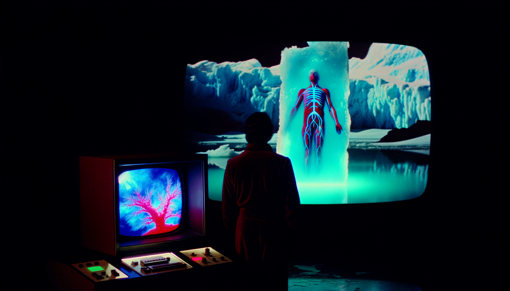 Dark 1980s retrofuturist observation chamber, lone back-turned figure facing a vintage curved CRT portal showing a high-contrast multicolor cold-immersion scene — anatomical figure half-submerged in icy turquoise water, frost-flowers, frozen icebergs — the saturated cold reality breaking through the black matrix