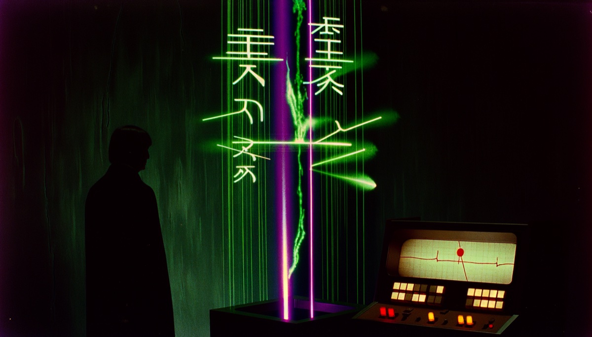 Two crossed laser beams cutting through dark space, intersecting in front of a silhouetted figure as a cascade of luminous glyph-like characters streams down between them