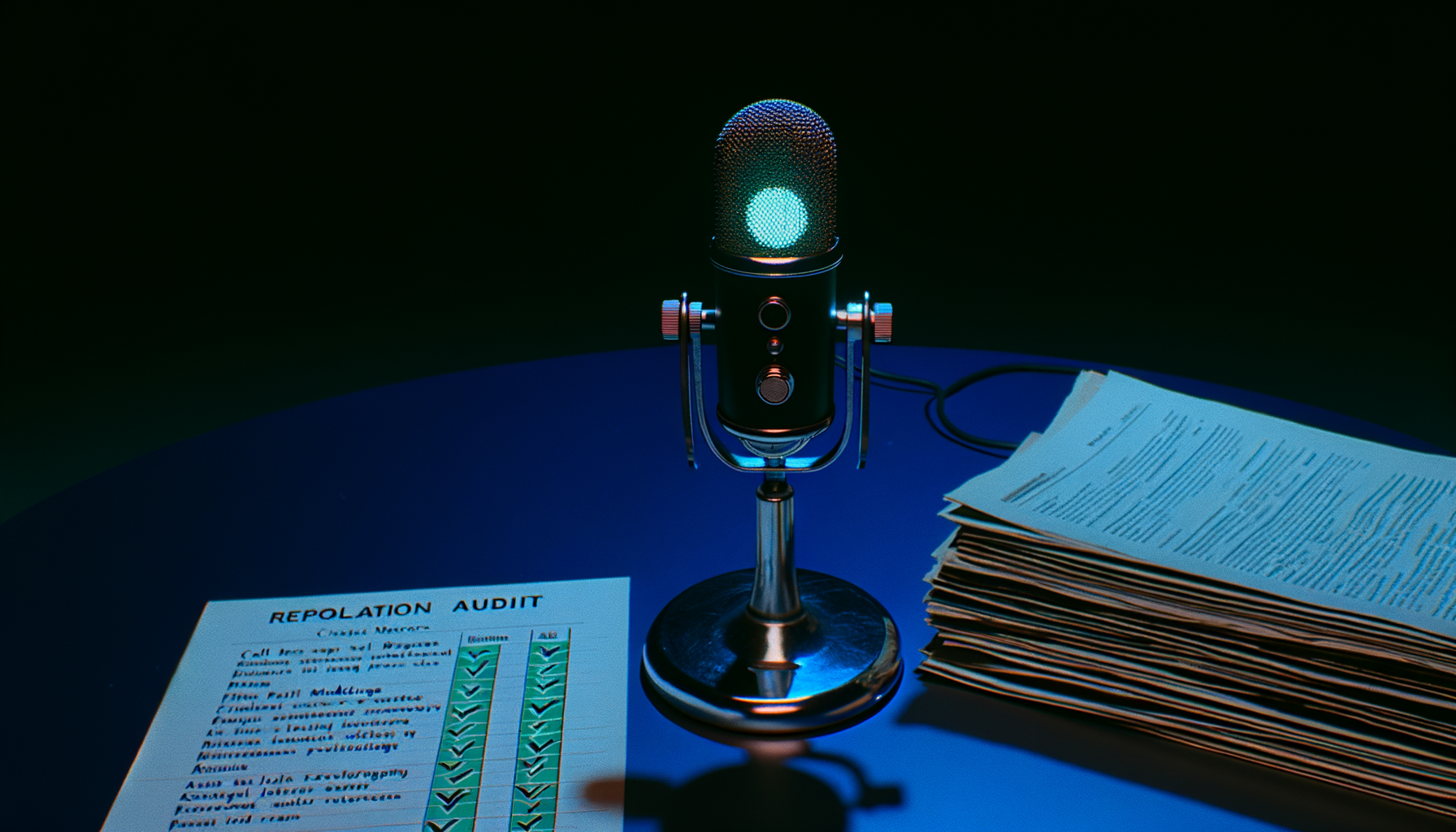 Vintage 1980s podcast studio booth — a single condenser microphone in cold blue spotlight, surrounded by stacked open peer-reviewed journals showing replication-status pages, on a deep cobalt background
