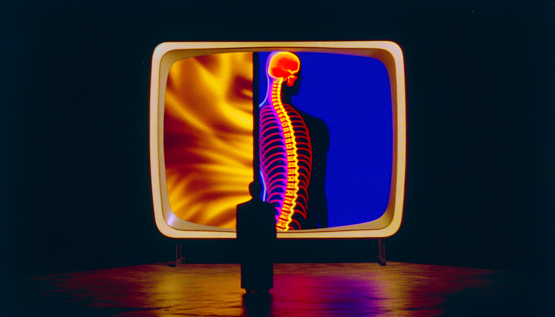 Dark 1980s observation chamber, lone back-turned figure facing a vintage curved CRT portal showing a high-contrast multicolor split-anatomical figure — left half radiant gold healing aura levitating, right half X-ray spinal column with crimson injury point — miracle vs methodology breaking through the dark matrix