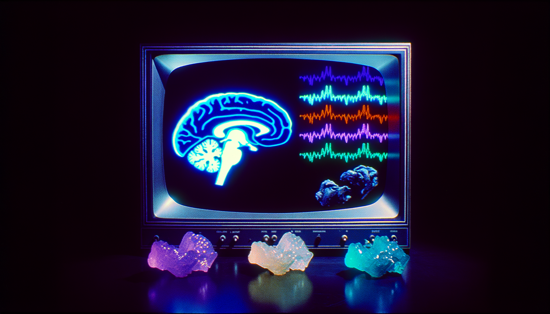Dark 1980s observation chamber, lone figure facing a vintage curved CRT portal showing a high-contrast multicolor brain cross-section with multicolored EEG sleep waveforms (delta deep blue, theta violet, alpha cyan, beta green, gamma electric red), surrounded by floating crystalline mineral specimens — the form-specific reality breaking through the dark matrix