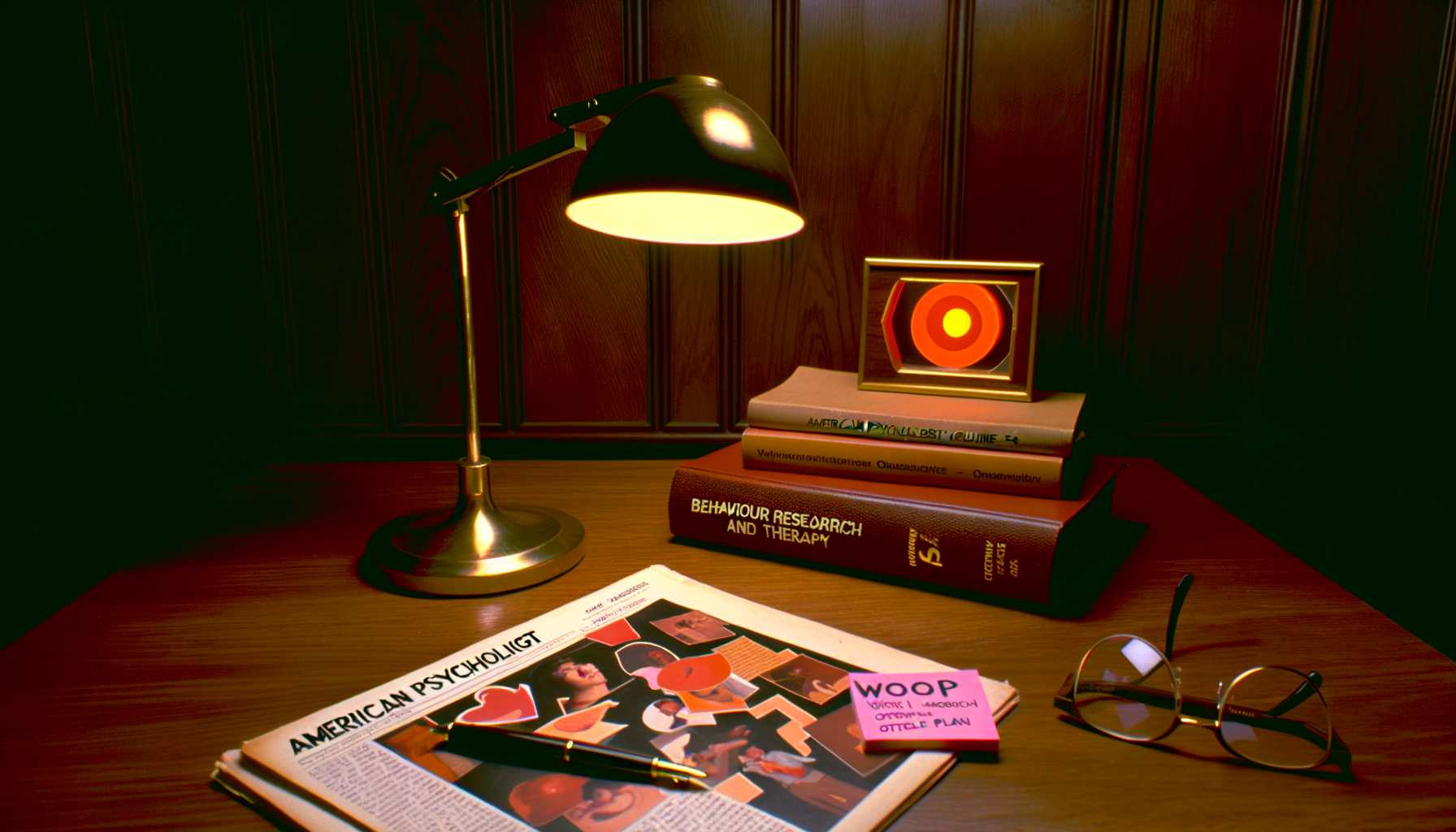 Vintage 1970s desk where a glossy vision-board collage is held down by a heavy peer-reviewed psychology journal — the reflection of the lamp catches both surfaces equally