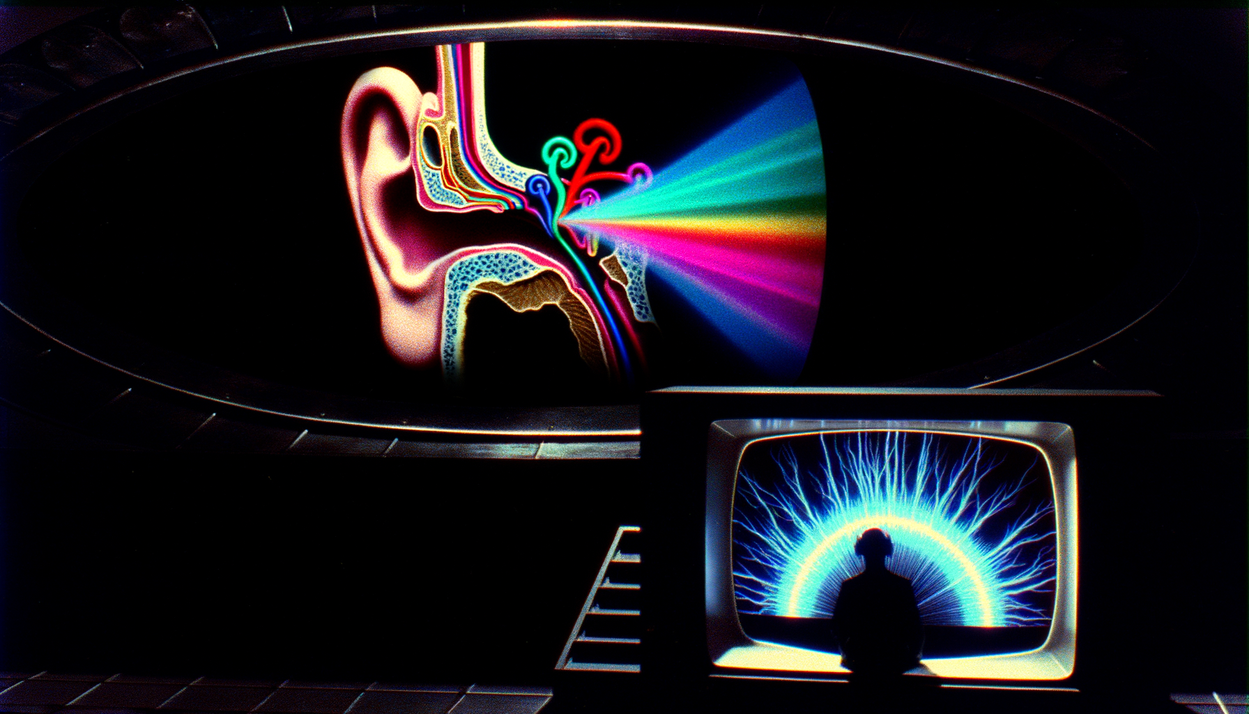 Dark 1980s observation chamber, lone figure facing a vintage curved CRT portal showing a high-contrast multicolor cross-section of the human ear (cochlea + auditory nerve + brain stem) with rainbow-spectrum sound waves radiating from a central tinnitus tone in electric red — the phantom signal breaking through the dark matrix