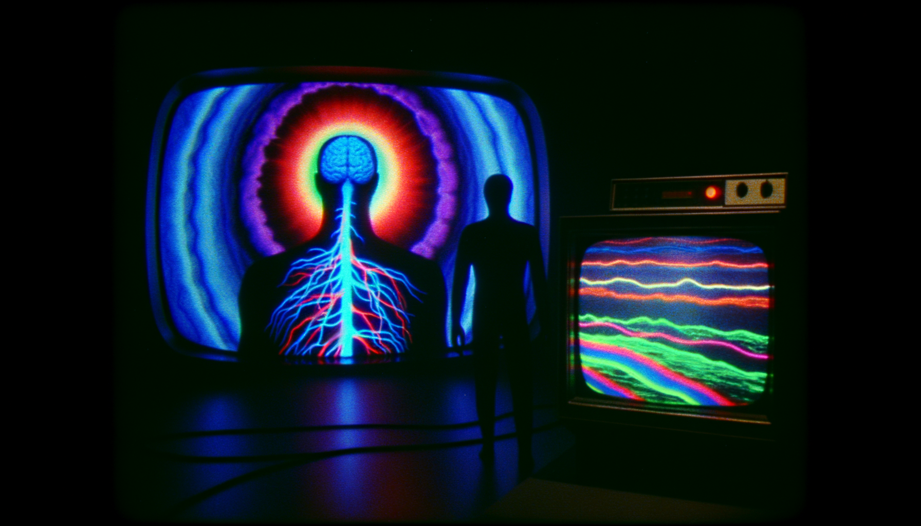 Dark 1980s observation chamber, lone figure facing a vintage curved CRT portal showing a high-contrast multicolor anatomical rendering of the vagus nerve descending brain-to-gut, glowing electric blue and sanguine red, surrounded by a halo of multicolored HRV frequency waveforms — the parasympathetic master cable breaking through the dark matrix