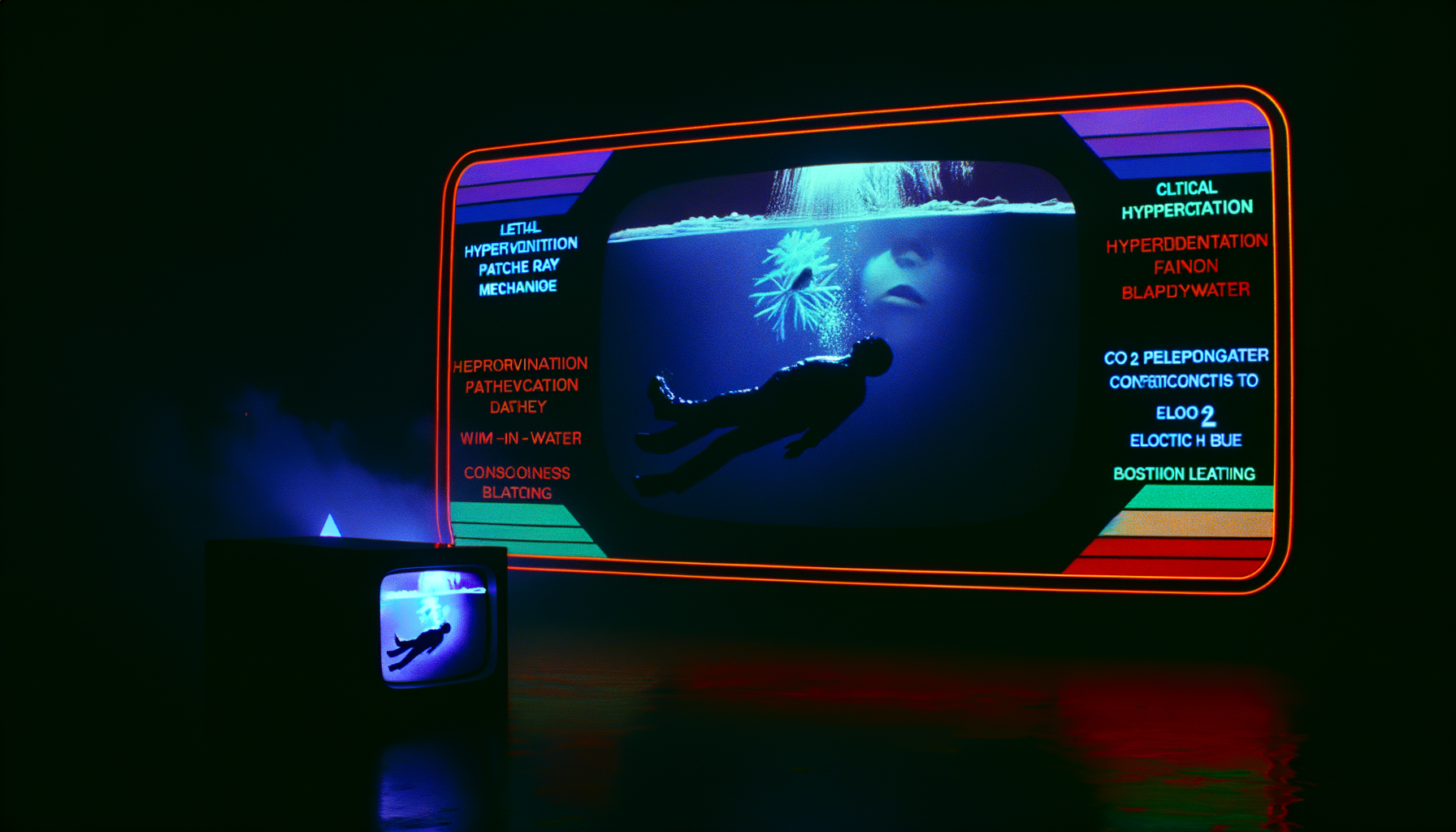Dark 1980s observation chamber, lone figure facing a vintage curved CRT portal showing a high-contrast multicolor scene of a drowning silhouette suspended in icy black water with hyperventilation diagram in alarm-red showing CO2 depletion + shallow-water blackout pathway, ghostly second figure rising — the lethal mechanism breaking through